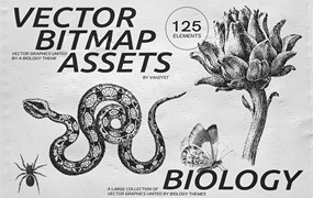 125款复古生物学昆虫动物鸟类鱼类人体骨骼植物自然界像素位图AI矢量插画PNG免扣设计套装 125 Vector Bitmap Assets. Biology