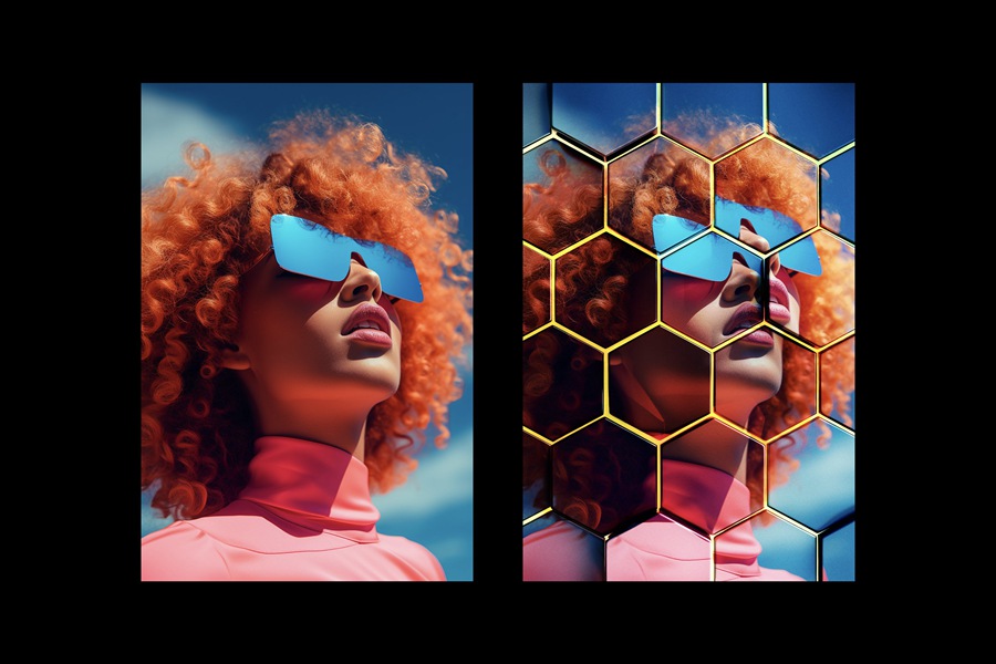 创意马赛克科技蜂窝玻璃效果人像图片修图PS特效滤镜插件样机模板 Hexagonal Photo Effect , 第3张