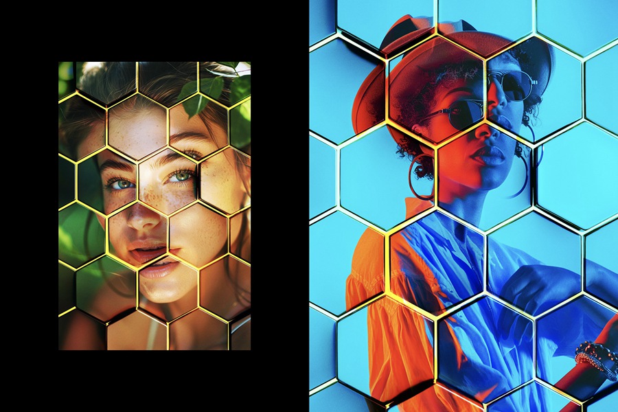 创意马赛克科技蜂窝玻璃效果人像图片修图PS特效滤镜插件样机模板 Hexagonal Photo Effect , 第5张