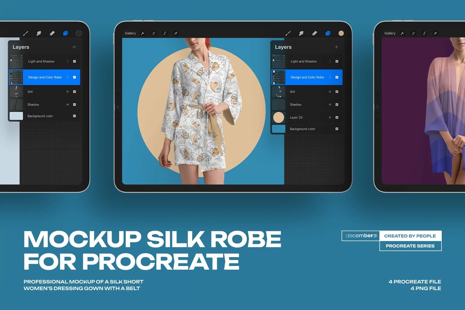 时尚逼真女士丝绸长袍浴衣睡衣印花图案设计展示效果图Procreate样机模板 4 Mockups of a Silk Robe for Procreate , 第1张