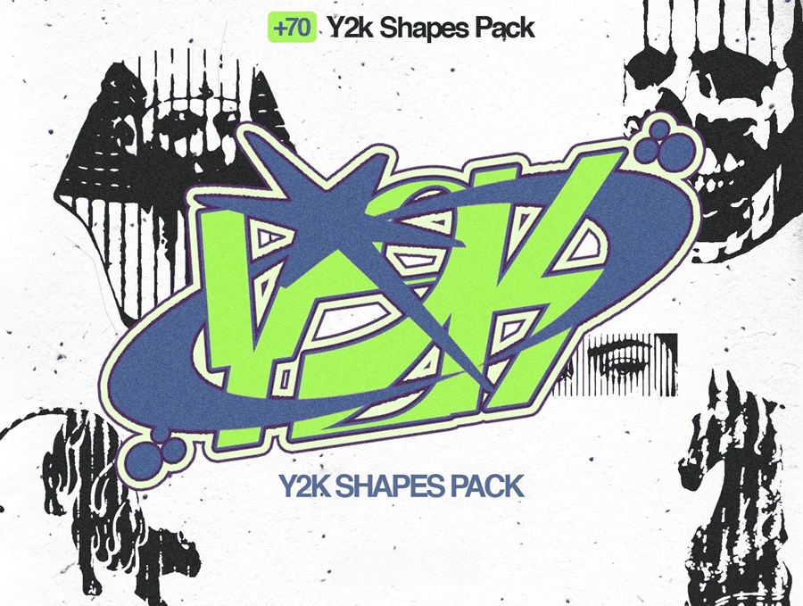 70+复古趣味Y2K半调插画插图印花AI矢量图形设计套装+70 Y2k Shapes Pack , 第1张
