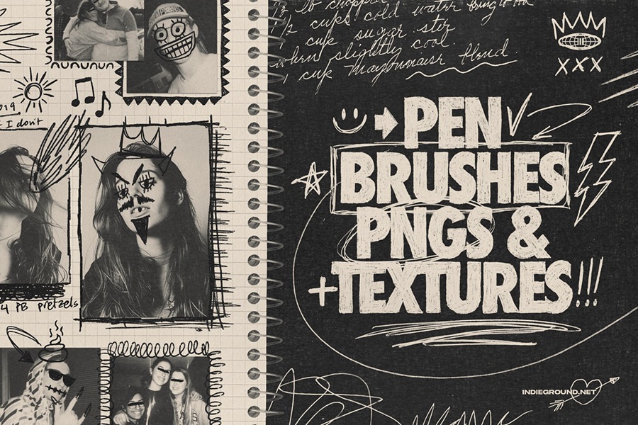 850+复古灵感手绘钢笔水彩笔涂鸦标记符号图案插画线条街头艺术PNG免扣元素设计套装Pens Kit , 第2张