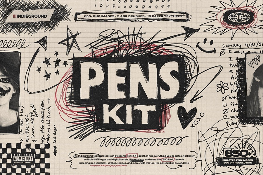 850+复古灵感手绘钢笔水彩笔涂鸦标记符号图案插画线条街头艺术PNG免扣元素设计套装Pens Kit , 第1张