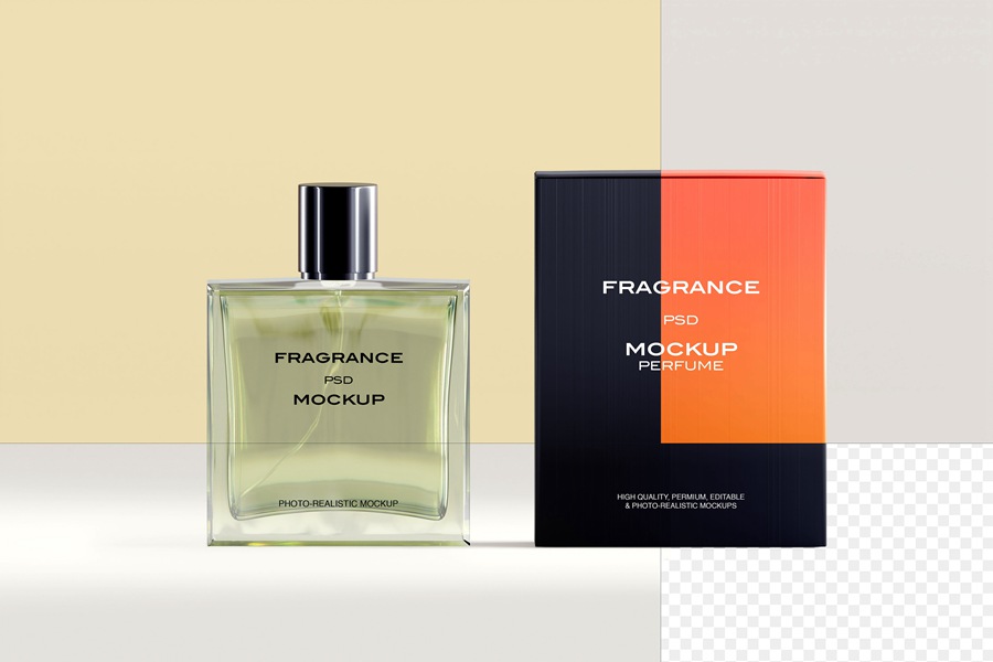 4款极简高档玻璃香水瓶标签包装盒纸盒PSD样机套装Glass Perfume Bottle Mockup , 第3张