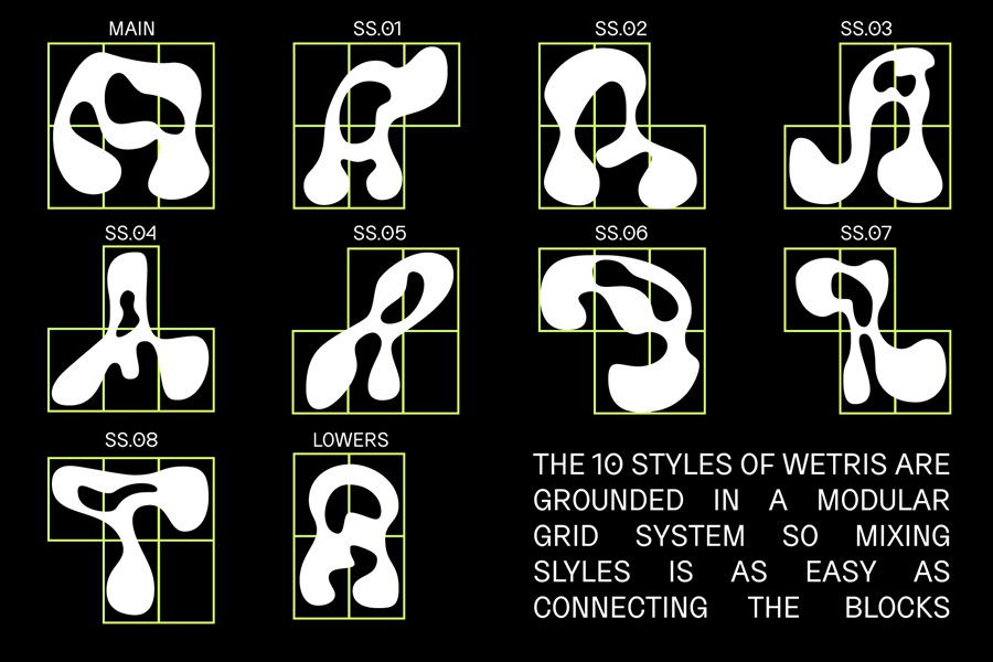 复古90年代趣味逆反差流动液体logo海报画册排版抽象装饰字体Liquid Type Wetris Display Font 设计素材 第5张