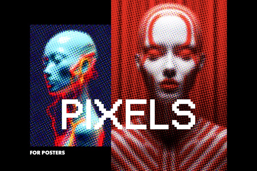 潮流未来派科幻像素风街机游戏半色调海报PSD模板素材 Colorful Pixels Photo Effect 图片素材 第1张