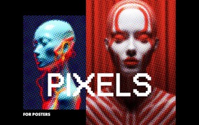潮流未来派科幻像素风街机游戏半色调海报PSD模板素材 Colorful Pixels Photo Effect