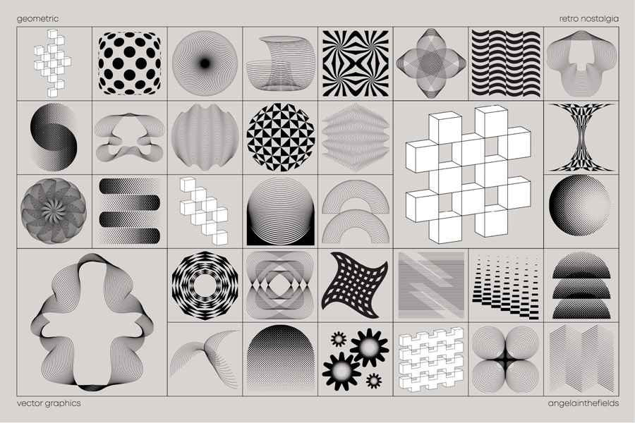100款现代复古艺术抽象美学几何网格线条AI矢量图形插画插图PNG免扣元素设计套装GECORPORATE Retro Vector Elements , 第3张