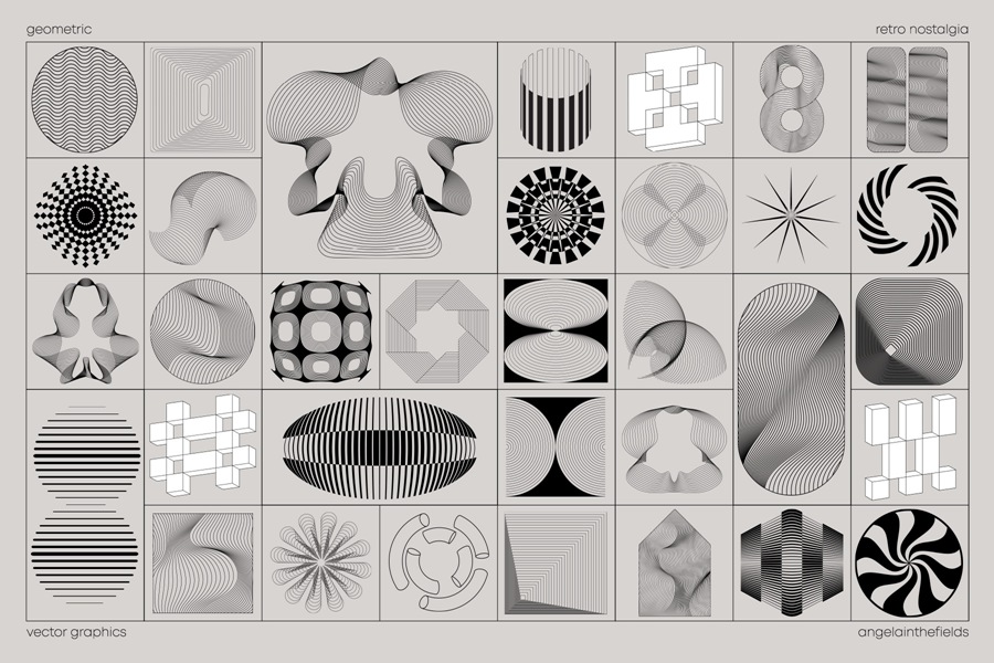 100款现代复古艺术抽象美学几何网格线条AI矢量图形插画插图PNG免扣元素设计套装GECORPORATE Retro Vector Elements , 第5张