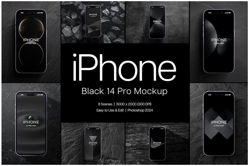 8款暗黑风苹果iPhone 14 Pro Max屏幕演示效果图PS贴图样机模板素材 , 第1张