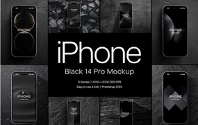 8款暗黑风苹果iPhone 14 Pro Max屏幕演示效果图PS贴图样机模板素材