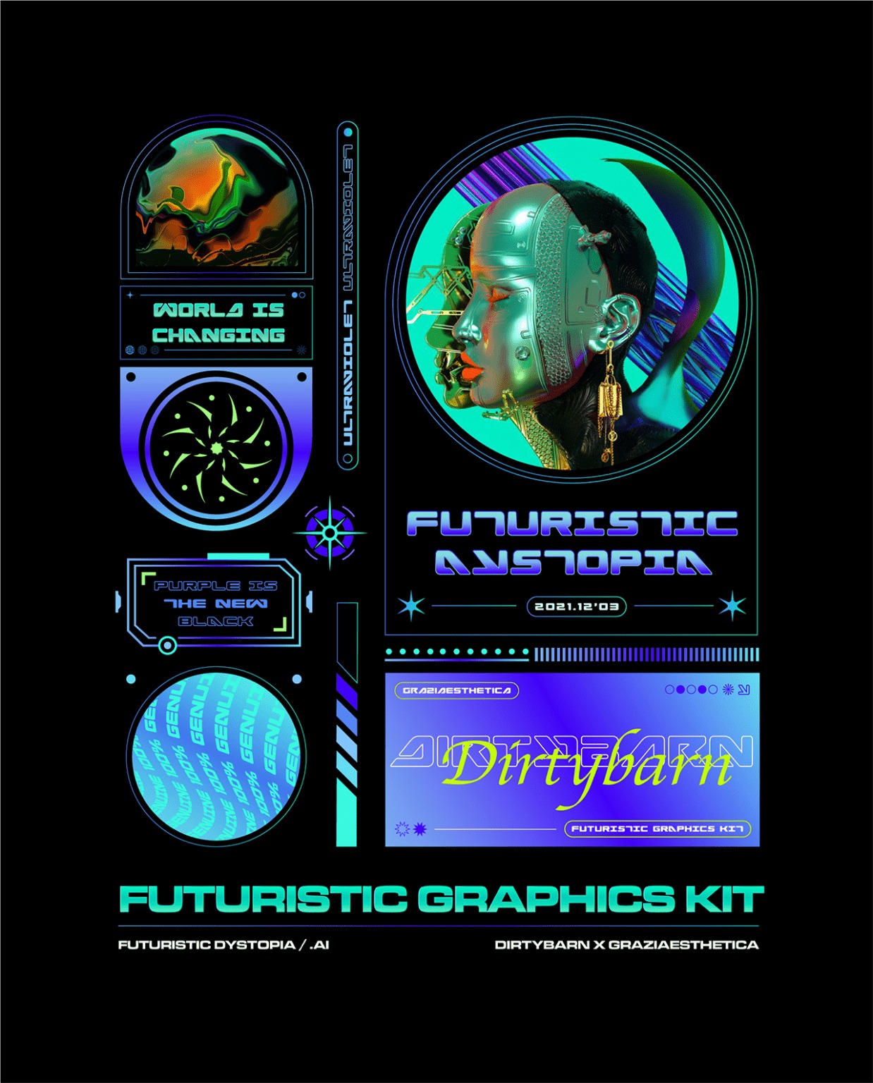 未来派NFT科技科幻赛博朋克几何图形海报排版框架AI矢量套件Futuristic Graphics Kit 图片素材 第1张