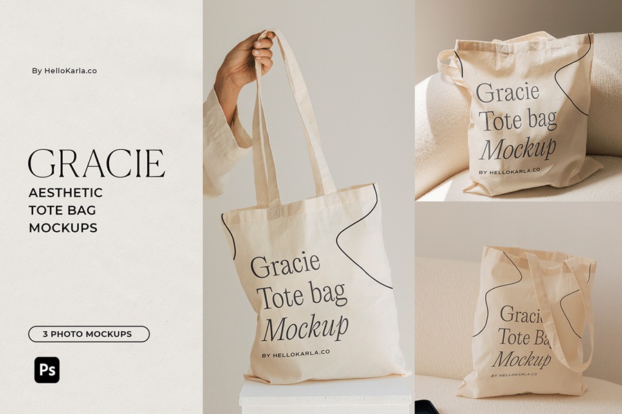 极简主义无纺布纯棉手提袋购物袋包装设计贴提案样机模板 Aesthetic Tote Bag Mockups 样机素材 第1张
