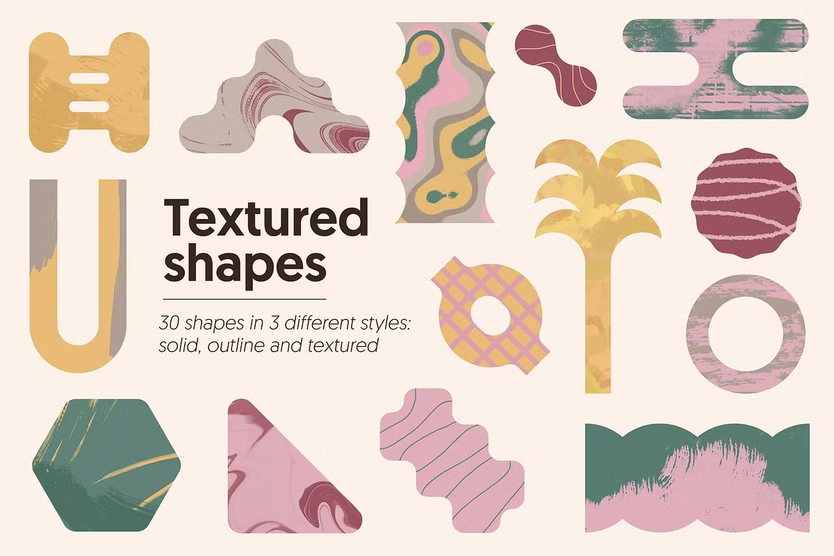 60款现代抽象几何优雅纹理AI矢量图形印花插画插图形状设计套装Textured Shapes , 第1张