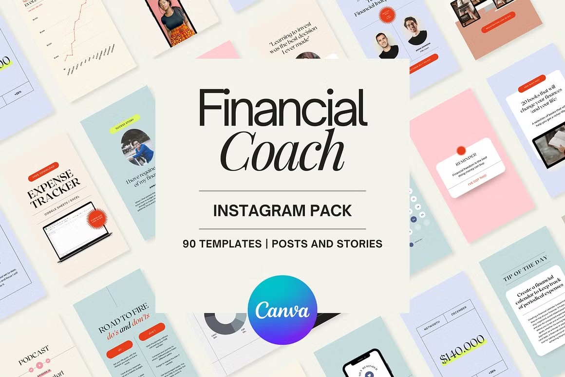 90款现代极简金融财产项目数据分析投资目标INS社交媒体排版品牌推广Canva在线模板套装Financial Coach Instagram Pack Canva , 第1张