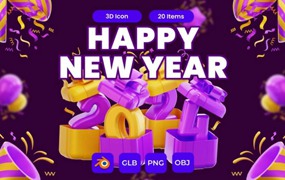 20款新年生日节日派对庆祝3D插图Icons图标Blend_PNG_OBJ格式设计素材