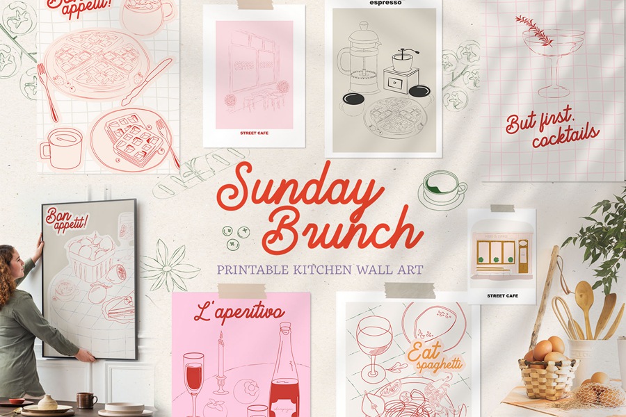 Sunday Brunch posters 餐厅厨房咖啡馆咖啡店装饰装裱印刷品社交网络剪贴画即用型艺术海报AI矢量、PNG设计图形合集 , 第1张