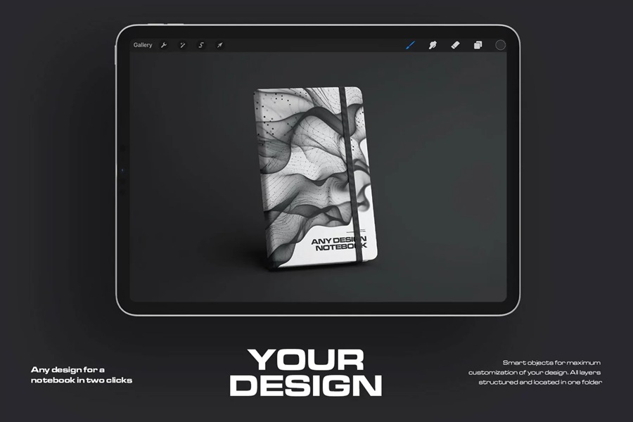 5款时尚办公用品笔记本记事本设计展示贴图效果图iPad Procreate样机模板 5 Mockups of Notebook with Band and Hard Cover for Procreate , 第4张