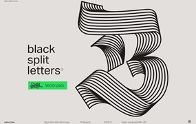 26款创意抽象线条英文大写字母AI矢量海报标题装饰字体图形PNG免扣设计套装BlacK Split Letters Vector Pack