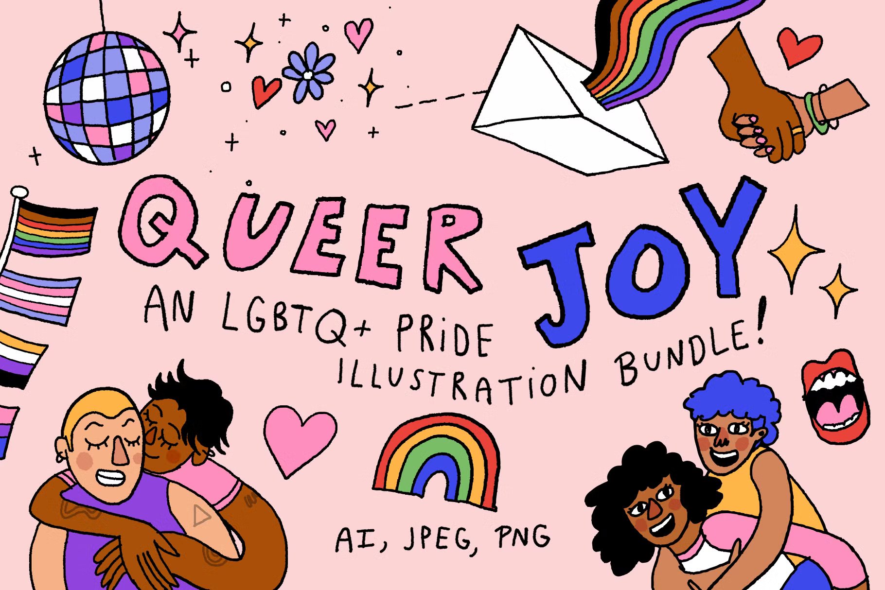 手绘插画艺术彩虹墨镜爱心英文字卡通人物装饰拼贴元素 Queer Joy | LGBTQ+ Pride Graphics , 第1张