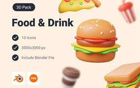 10款卡通趣味饮料美食汉堡3D插画图标Icons设计素材包 Food and Drink 3D Icon Pack