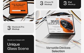 9款现代艺术玻璃折射背景MacBook笔记本电脑iPhone手机iPad平板UI屏幕界面设计作品集展示PSD样机Liqunium – Device Mockups