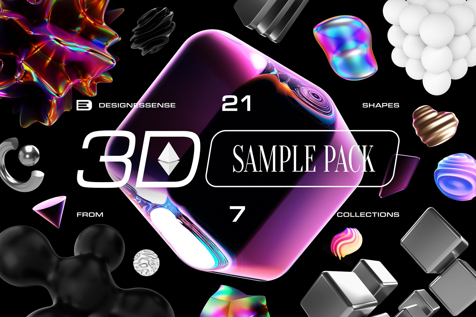 3D SAMPLE PACK 21个海报封面网页设计社交媒体时尚品牌3D形状PNG 图片素材 第1张