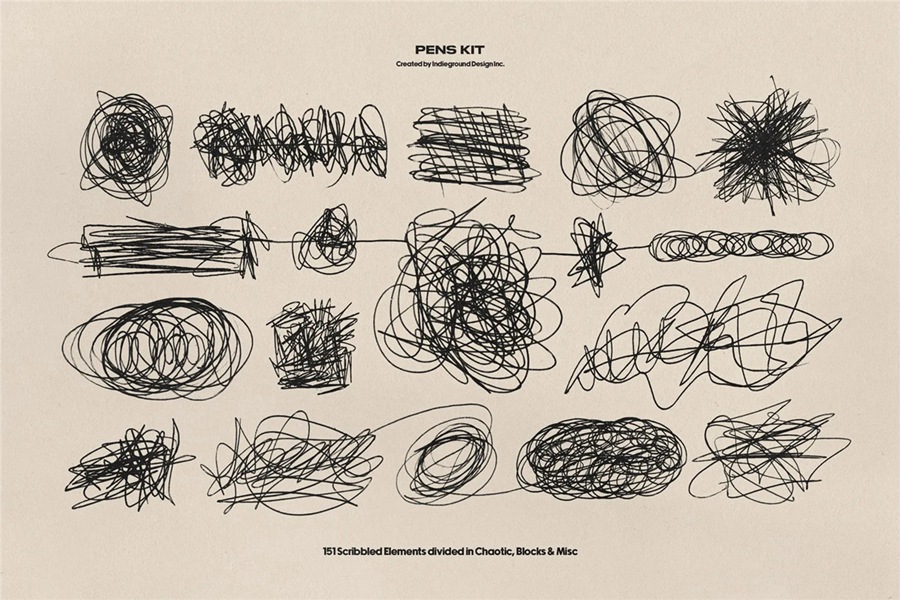 850+复古灵感手绘钢笔水彩笔涂鸦标记符号图案插画线条街头艺术PNG免扣元素设计套装 Indieground – Pens Kit , 第7张