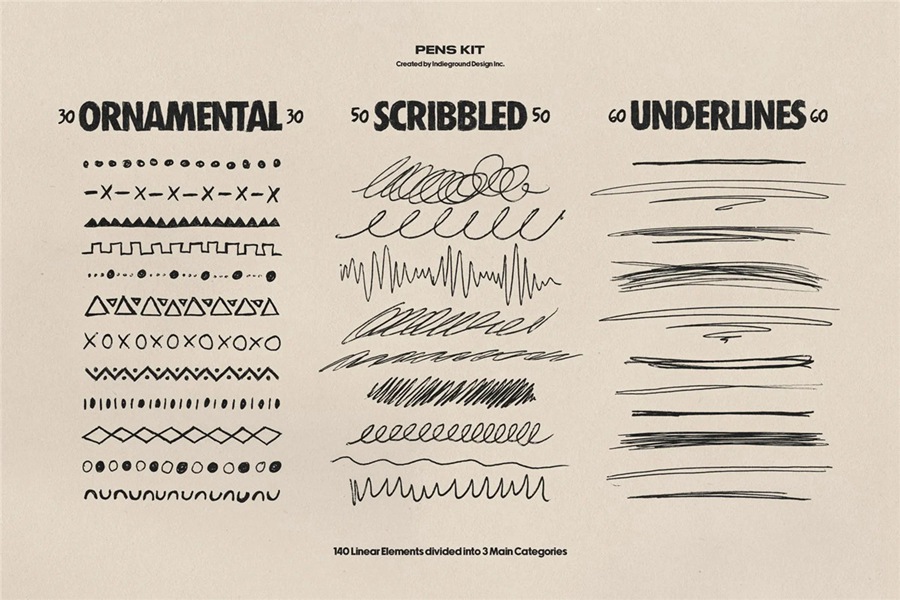 850+复古灵感手绘钢笔水彩笔涂鸦标记符号图案插画线条街头艺术PNG免扣元素设计套装 Indieground – Pens Kit , 第8张