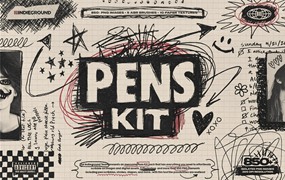 850+复古灵感手绘钢笔水彩笔涂鸦标记符号图案插画线条街头艺术PNG免扣元素设计套装 Indieground – Pens Kit