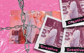 PR模板：嘻哈视觉粉色酸性塑料撕纸金属链条胶带背景贴纸元素错版文字开场包 Pink Promo