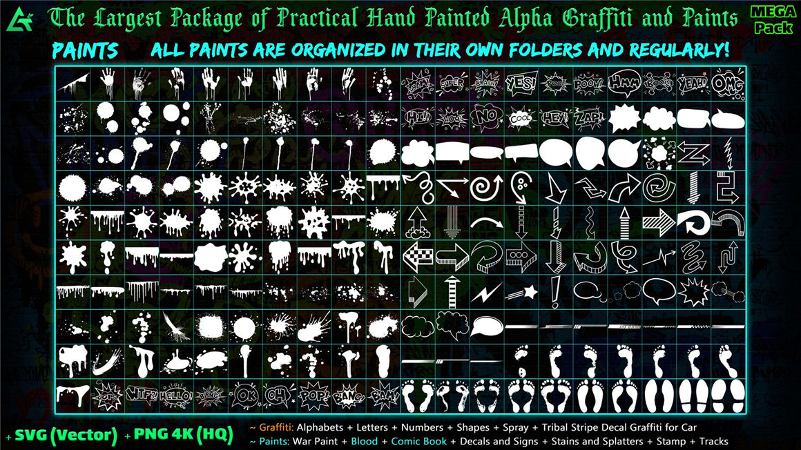 ARTSTATION 1850个嘻哈创意4K手绘字母数字形状喷雾涂鸦油漆贴花元素包 1850 Hand Painted Alpha Graffiti, Paints & Decals (MEGA Pack) – Vol 12 图片素材 第3张