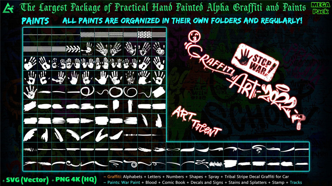 ARTSTATION 1850个嘻哈创意4K手绘字母数字形状喷雾涂鸦油漆贴花元素包 1850 Hand Painted Alpha Graffiti, Paints & Decals (MEGA Pack) – Vol 12 图片素材 第5张