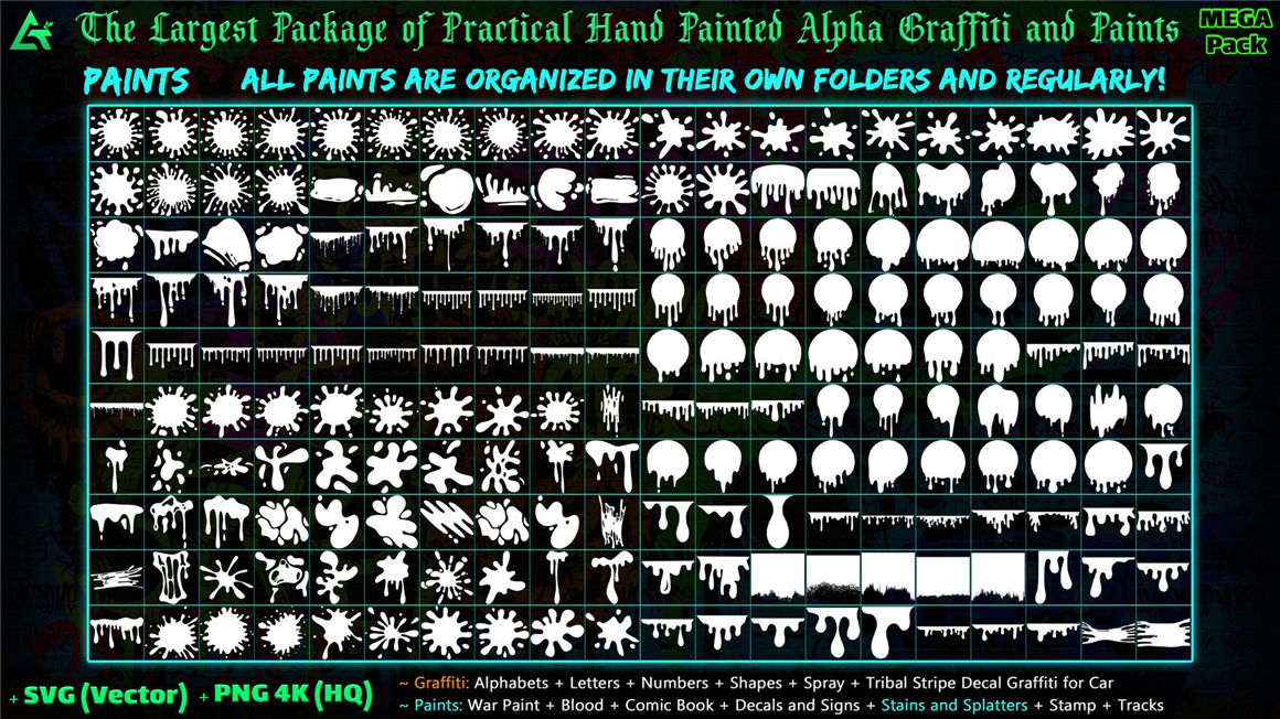 ARTSTATION 1850个嘻哈创意4K手绘字母数字形状喷雾涂鸦油漆贴花元素包 1850 Hand Painted Alpha Graffiti, Paints & Decals (MEGA Pack) – Vol 12 图片素材 第6张