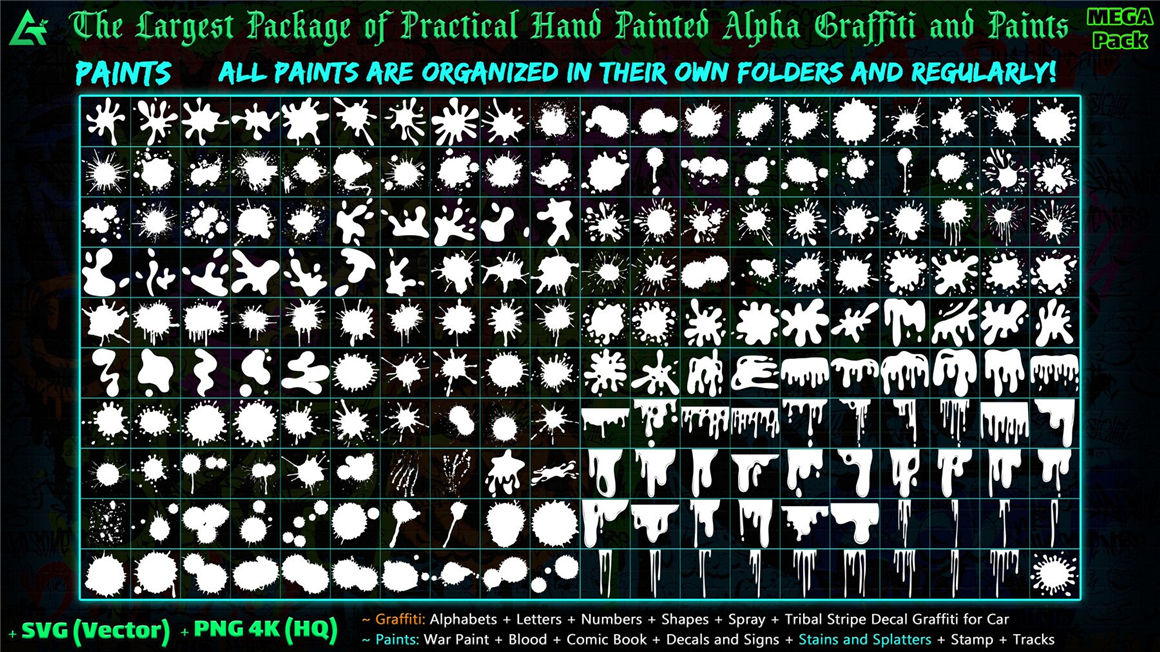 ARTSTATION 1850个嘻哈创意4K手绘字母数字形状喷雾涂鸦油漆贴花元素包 1850 Hand Painted Alpha Graffiti, Paints & Decals (MEGA Pack) – Vol 12 图片素材 第13张