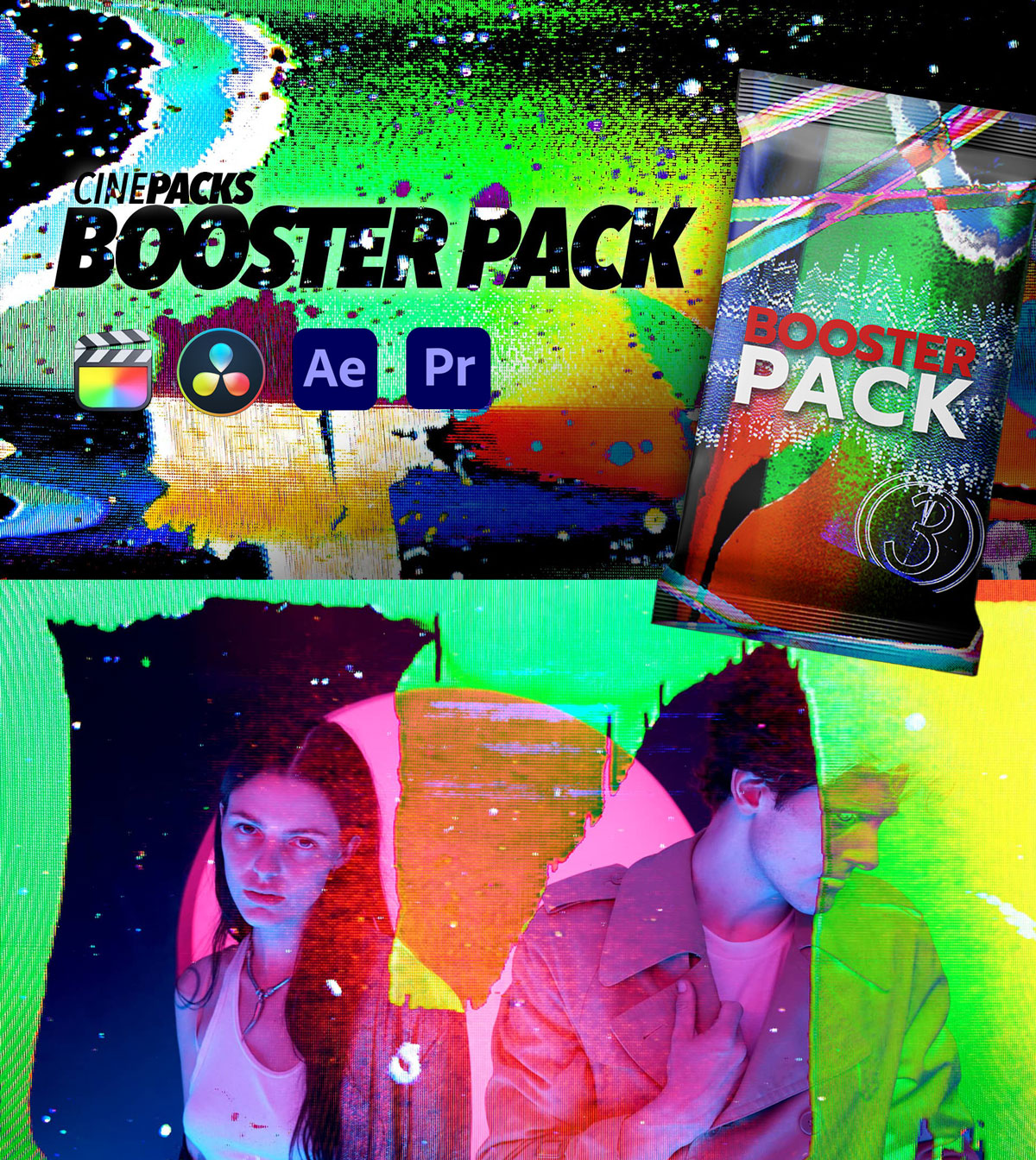 CinePacks Booster Pack 创意胶片垃圾毛刺引线噪点VHS失真模拟转场叠加4K视频素材包 影视音频 第1张