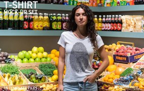 15真实超市场景摄影女士半袖衫T恤印花图案设计展示效果图PSD样机模板 T-Shirt Mock-Up Set