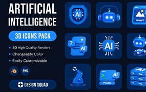 40款AI人工智能机器人芯片网络科技无人机3D图标Icons设计Blender/PNG素材 Artificial Intelligence 3D Icons Pack