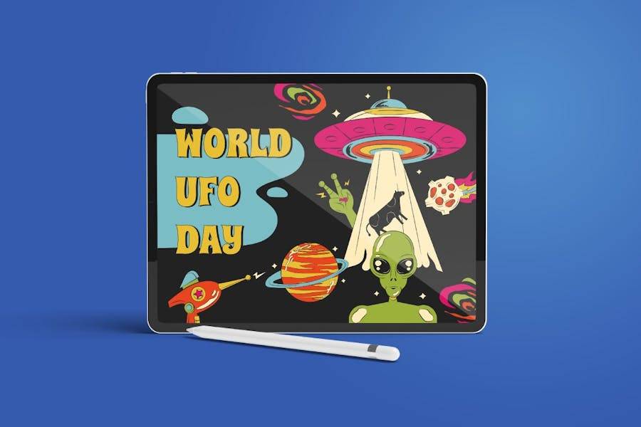 卡通趣味科幻星球飞船外星人手绘插画插图AI矢量设计素材 Black Cartoon World UFO Day Illustration Set 图片素材 第2张