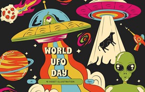 卡通趣味科幻星球飞船外星人手绘插画插图AI矢量设计素材 Black Cartoon World UFO Day Illustration Set