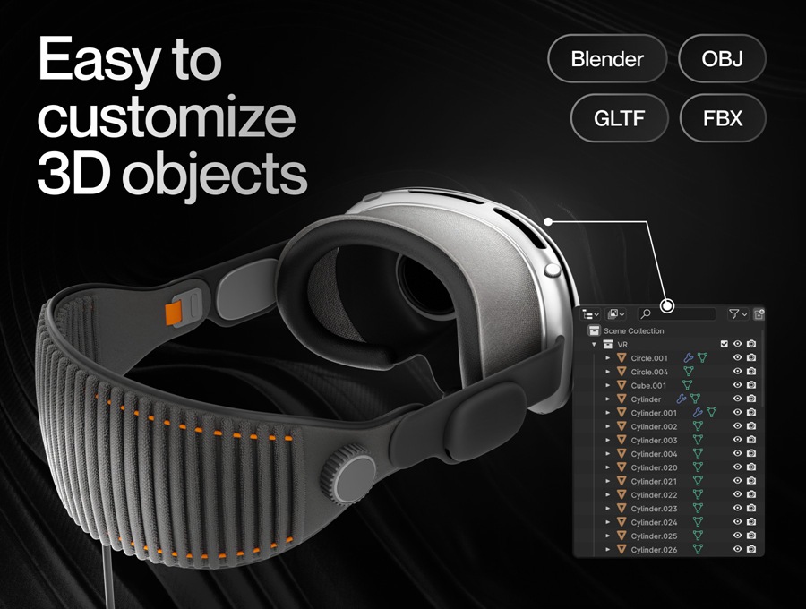 高级苹果头戴式显示设备VR眼镜3D插图图标Icons设计Blender/PNG/FBX格式素材 Apple Vision Pro 图片素材 第7张