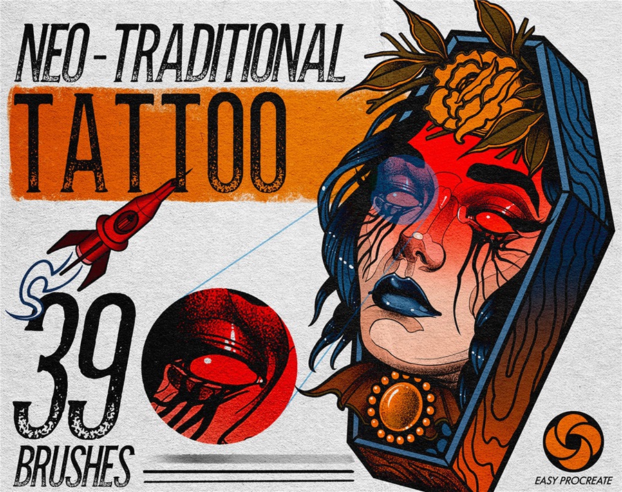 39款新传统绘画真实复古颗粒噪点文身素描绘画Procreate笔刷套装 Procreate Neo-Traditional Tattoo Brushes 笔刷资源 第1张