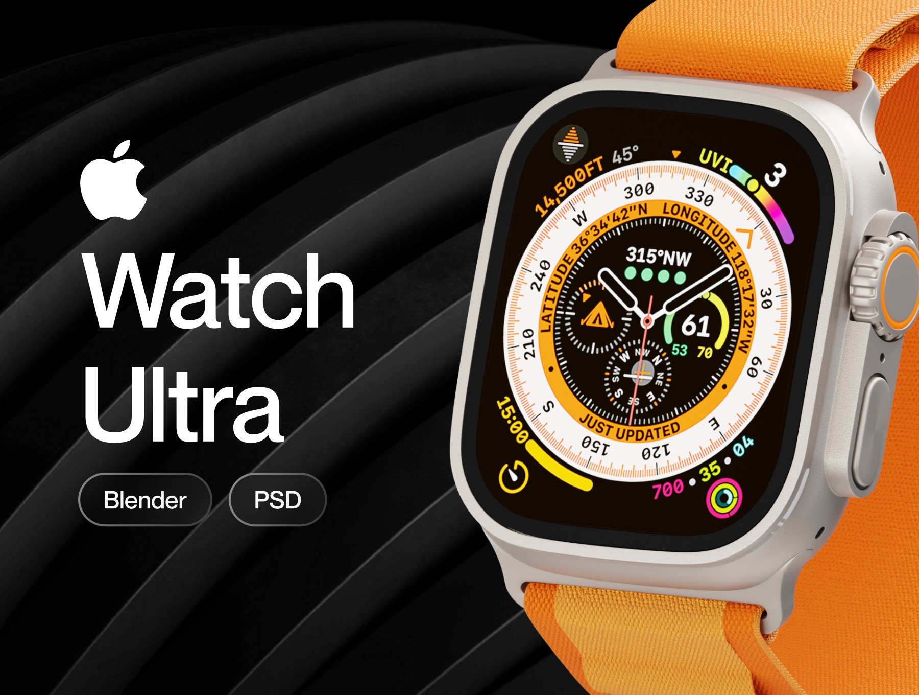 逼真苹果手表Watch Ultra屏幕演示效果图PS贴图样机模板设计素材 Apple Watch Ultra Mockup 样机素材 第1张