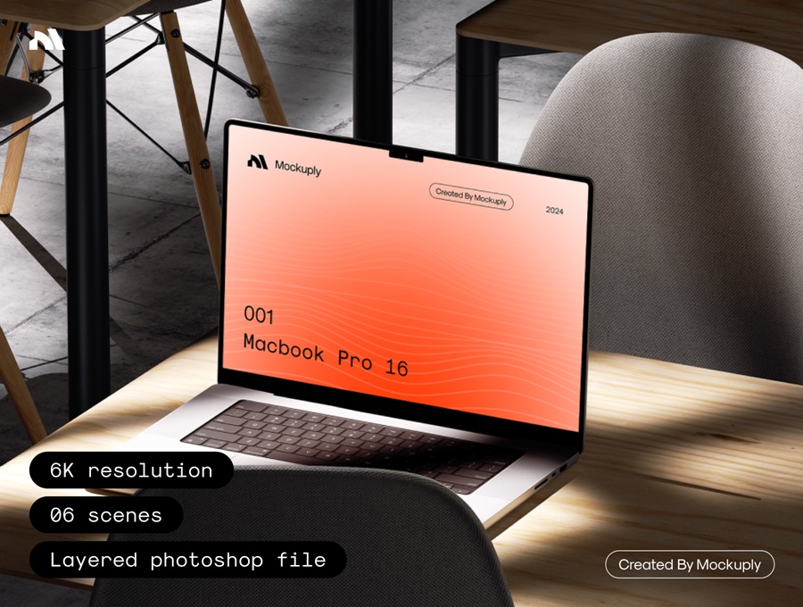 6款创意真实拍摄网站界面设计展示效果图苹果MacBook Pro 16演示PS贴图样机模板 Mockuply, Macbook pro 16 on chair 样机素材 第1张