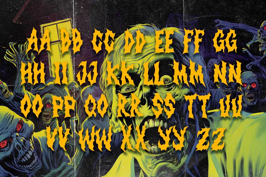 时尚复古金属品牌海报电影徽标设计y2k装饰英文字体安装包 Strange Mystery Horror Metal Display Font 设计素材 第2张