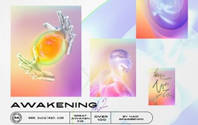 千禧年Y2K未来幻想梦幻立体抽象人物人工智能手臂金属渐变文字免扣PNG设计素材 AWAKENING 3D Objects & Poster