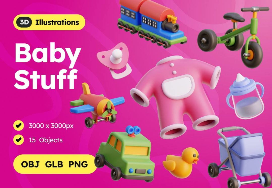 15款卡通趣味婴儿主题3D插画Icons图标设计OBJ/PNG格式素材 Baby Stuff 3D Icons , 第1张