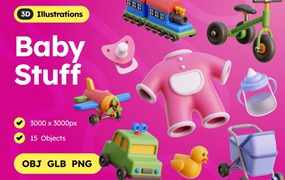 15款卡通趣味婴儿主题3D插画Icons图标设计OBJ/PNG格式素材 Baby Stuff 3D Icons