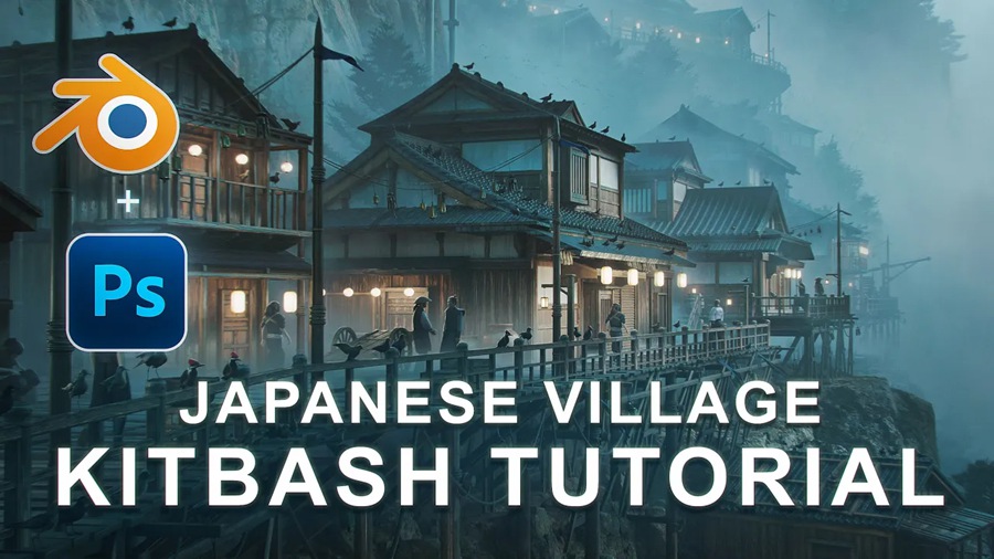 Blender模型 日式风格村庄房屋建筑3D模型+中文视频教程 Japanese Village Kitbash 设计教程 第1张