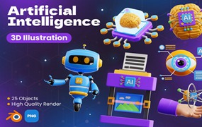 25款卡通趣味AI人工智能大脑芯片3D图标Icons设计Blender/PNG格式素材 Artificial Intelligence 3D Icons